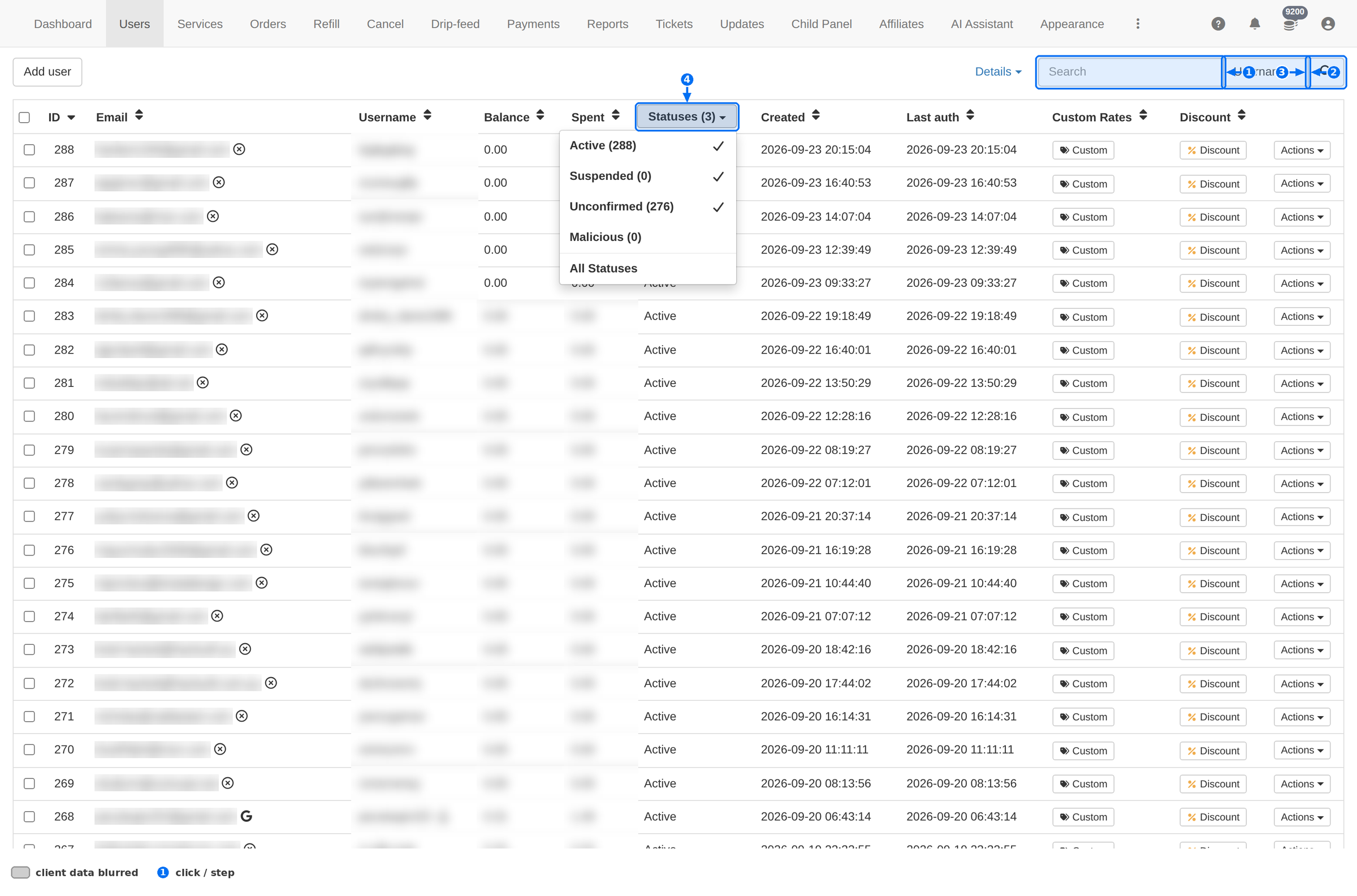 Search box with the field selector and the Statuses filter open, listing Active, Suspended, Unconfirmed, Malicious and All Statuses