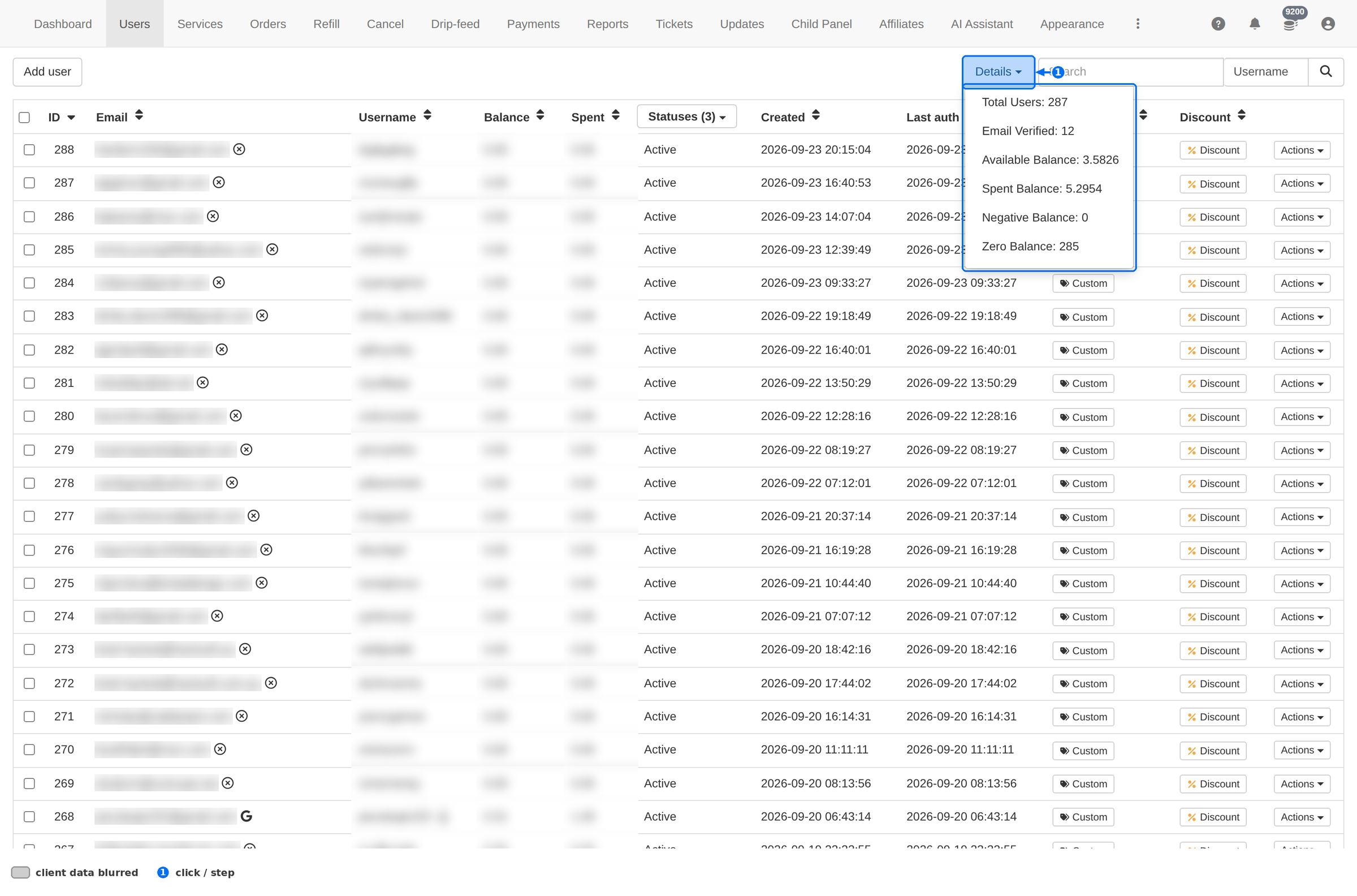 Details dropdown open showing Total Users, Email Verified, Available Balance, Spent Balance, Negative Balance and Zero Balance
