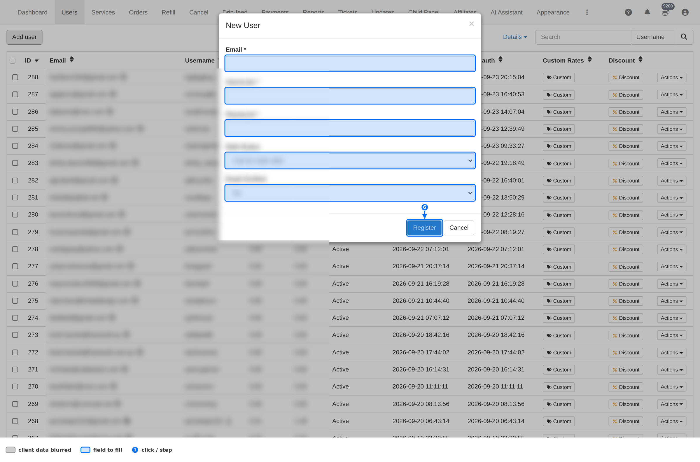 New User dialog with Email, Username, Password, Debt Status and Email Verified fields and the Register button highlighted