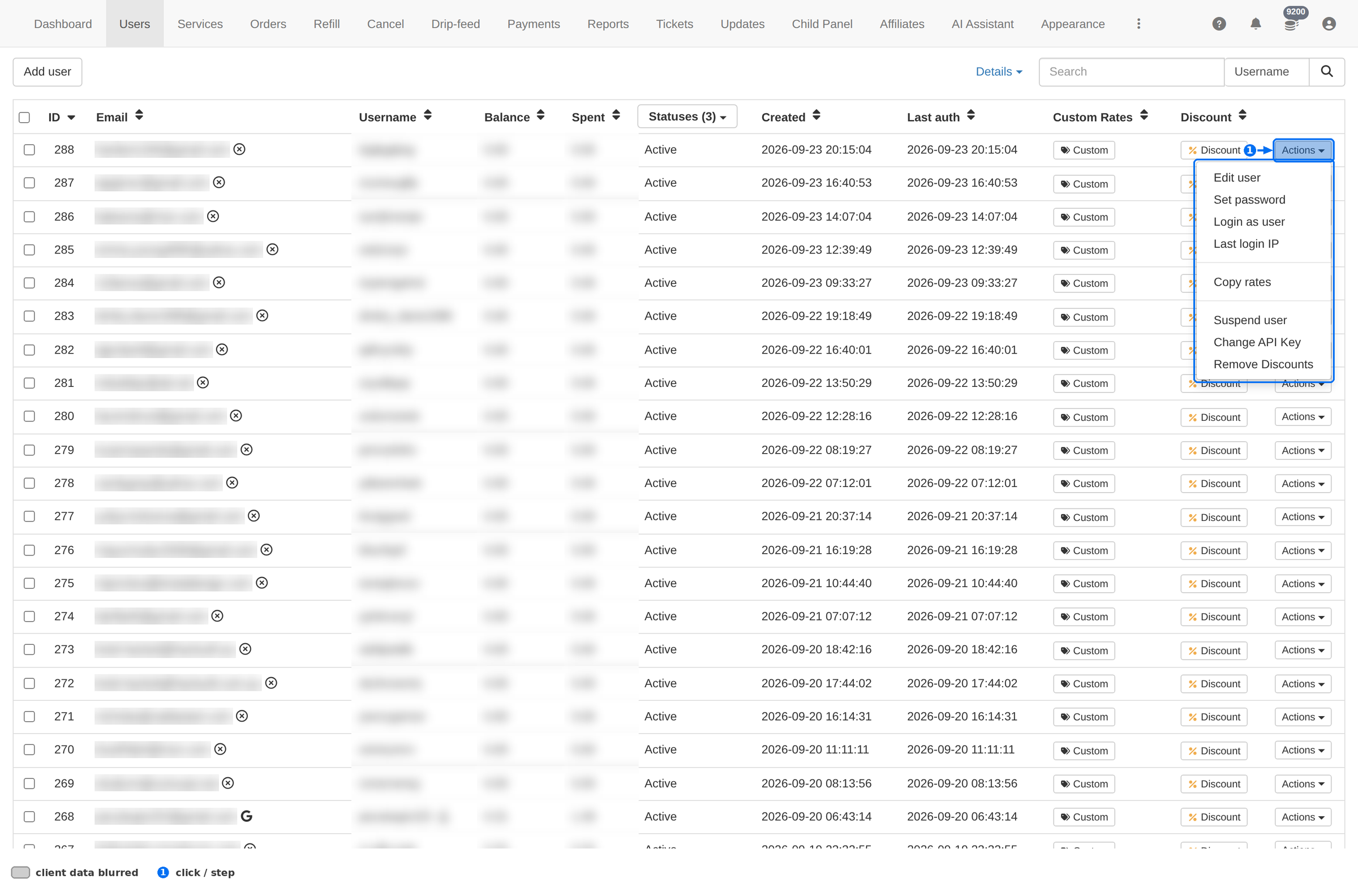 Row Actions menu open showing Edit user, Set password, Login as user, Last login IP, Copy rates, Suspend user, Change API Key and Remove Discounts
