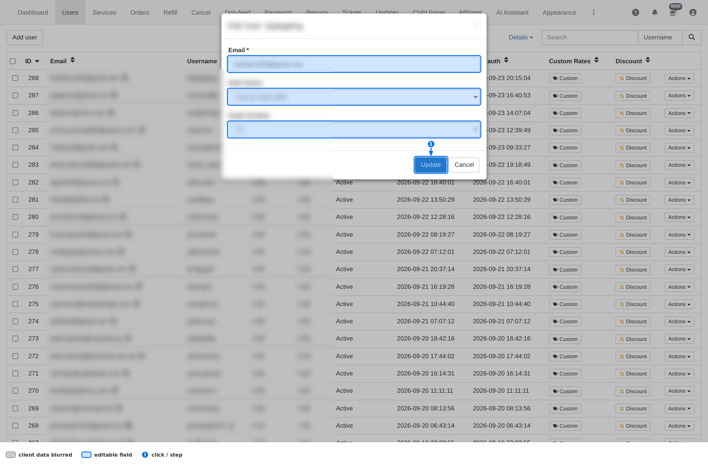 Edit User dialog with the Email, Debt Status and Email Verified fields boxed and the Update button highlighted