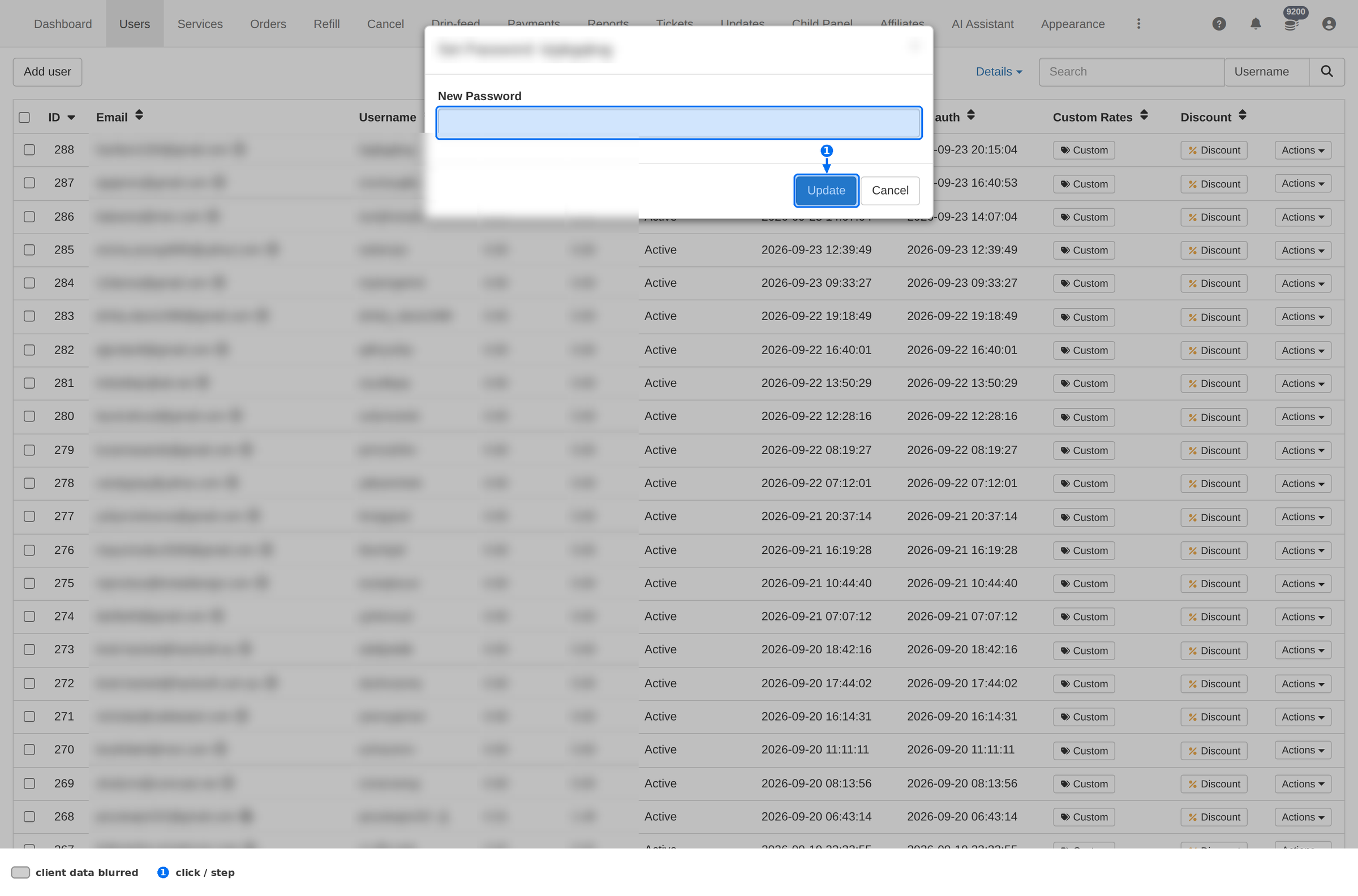 Set Password dialog with the New Password field and the Update button highlighted