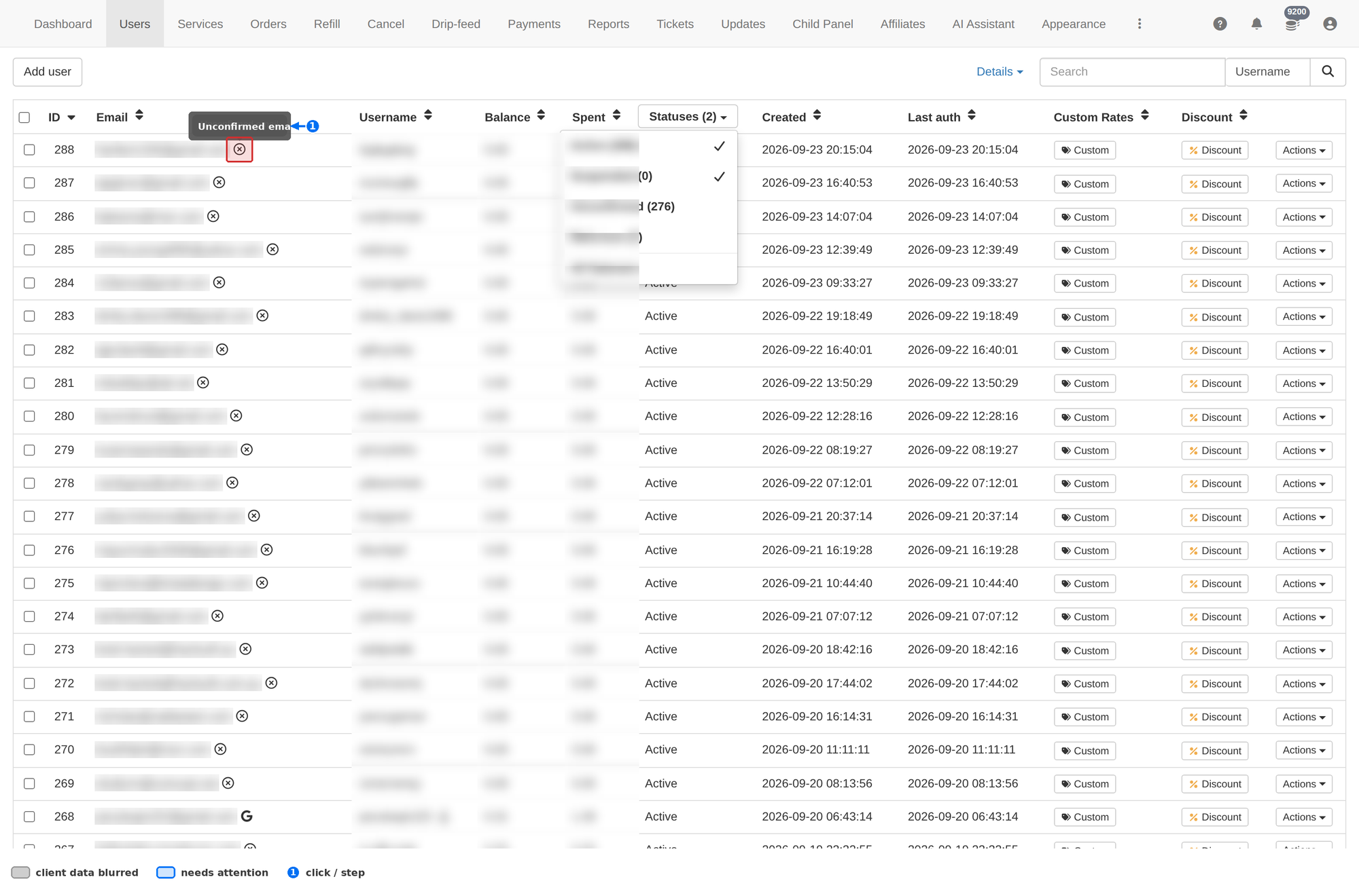 Hovering the email icon shows a tooltip reading 'Unconfirmed email'