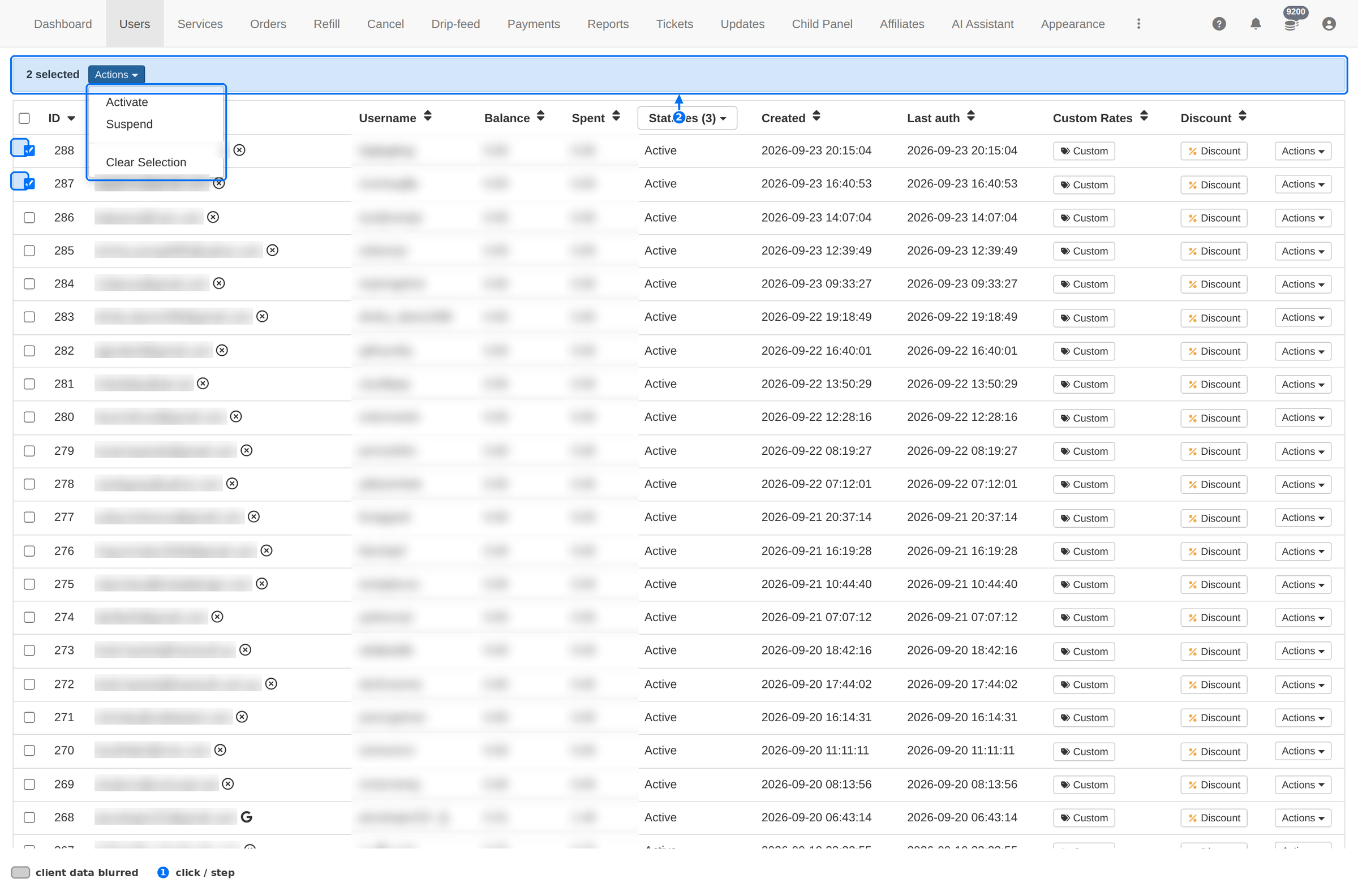 Two rows selected, bulk bar visible with the Actions menu open showing Activate, Suspend and Clear Selection