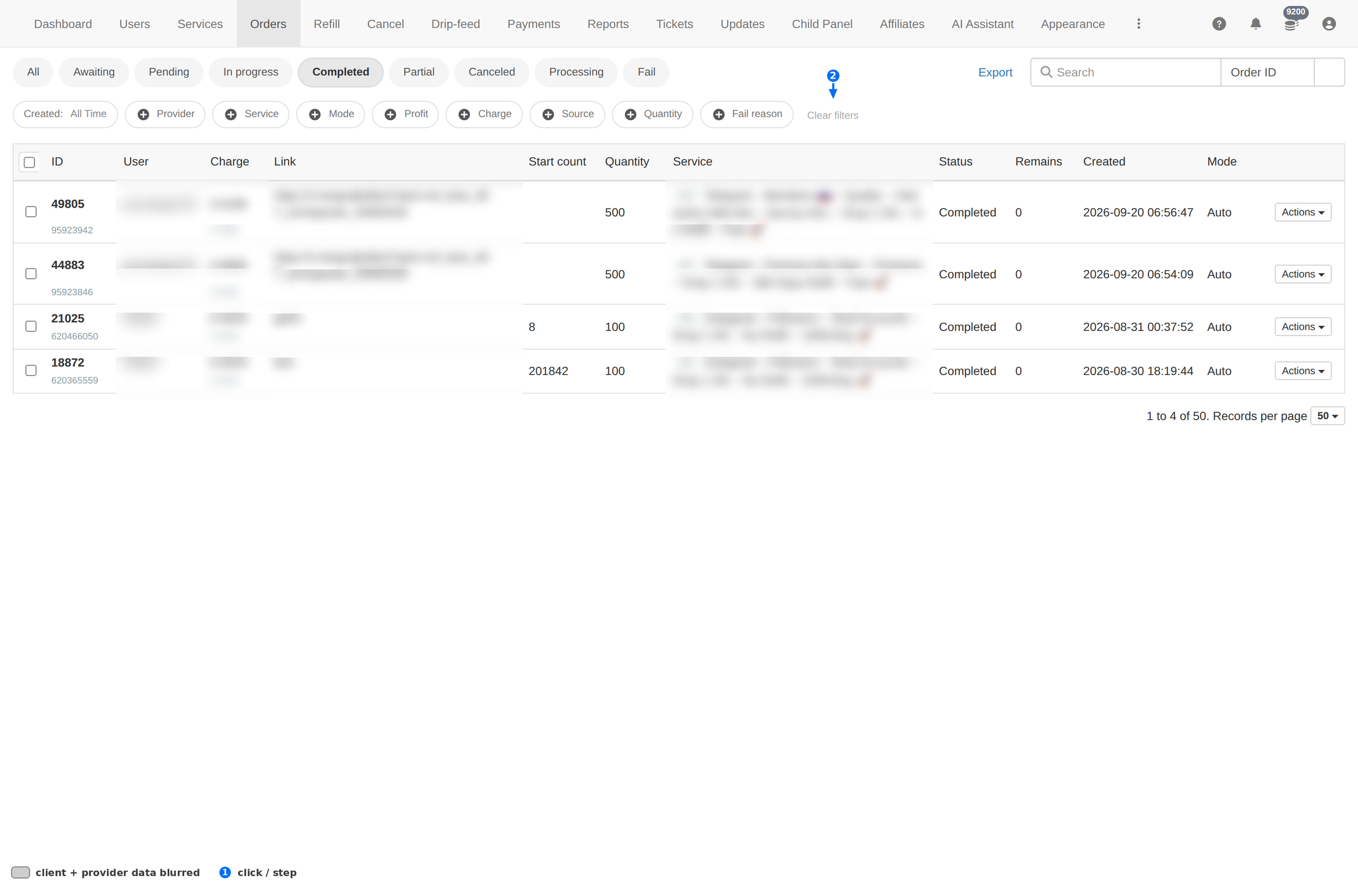 The Completed tab selected, showing only completed orders