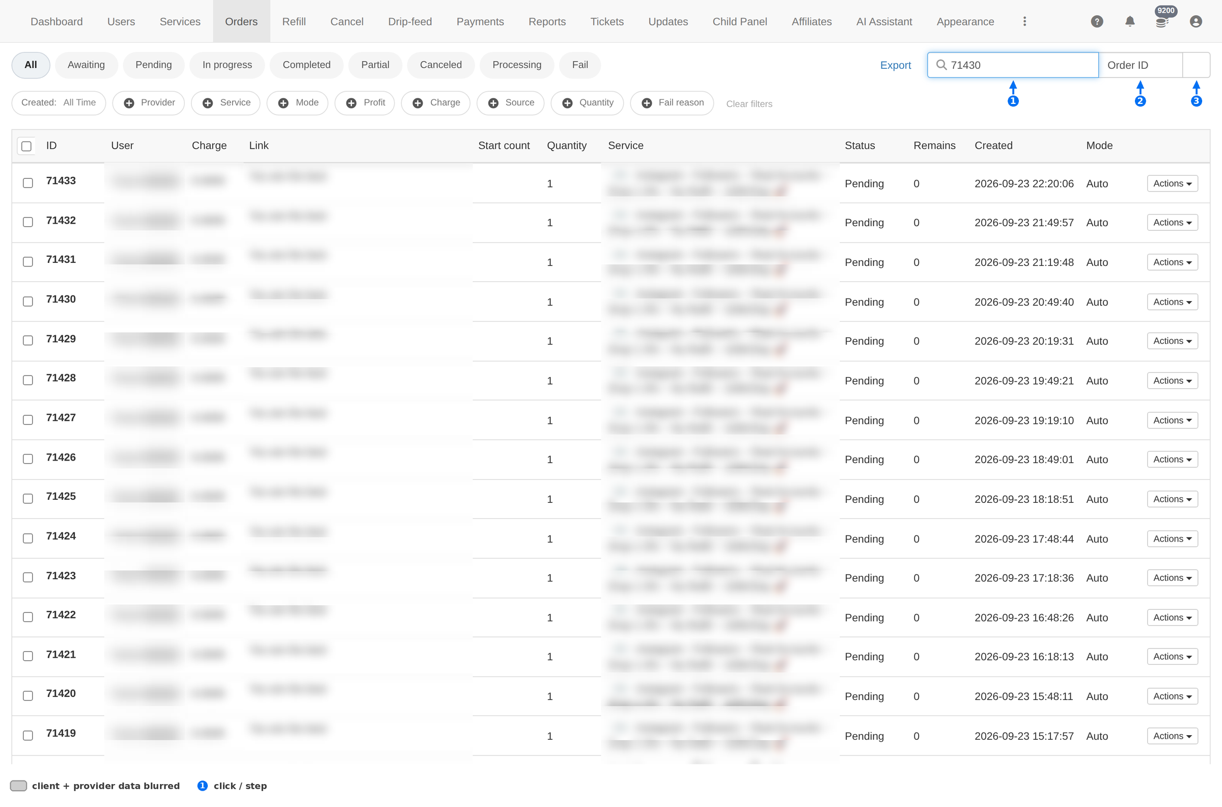 Search box with an order ID typed, the field selector and the magnifier button highlighted