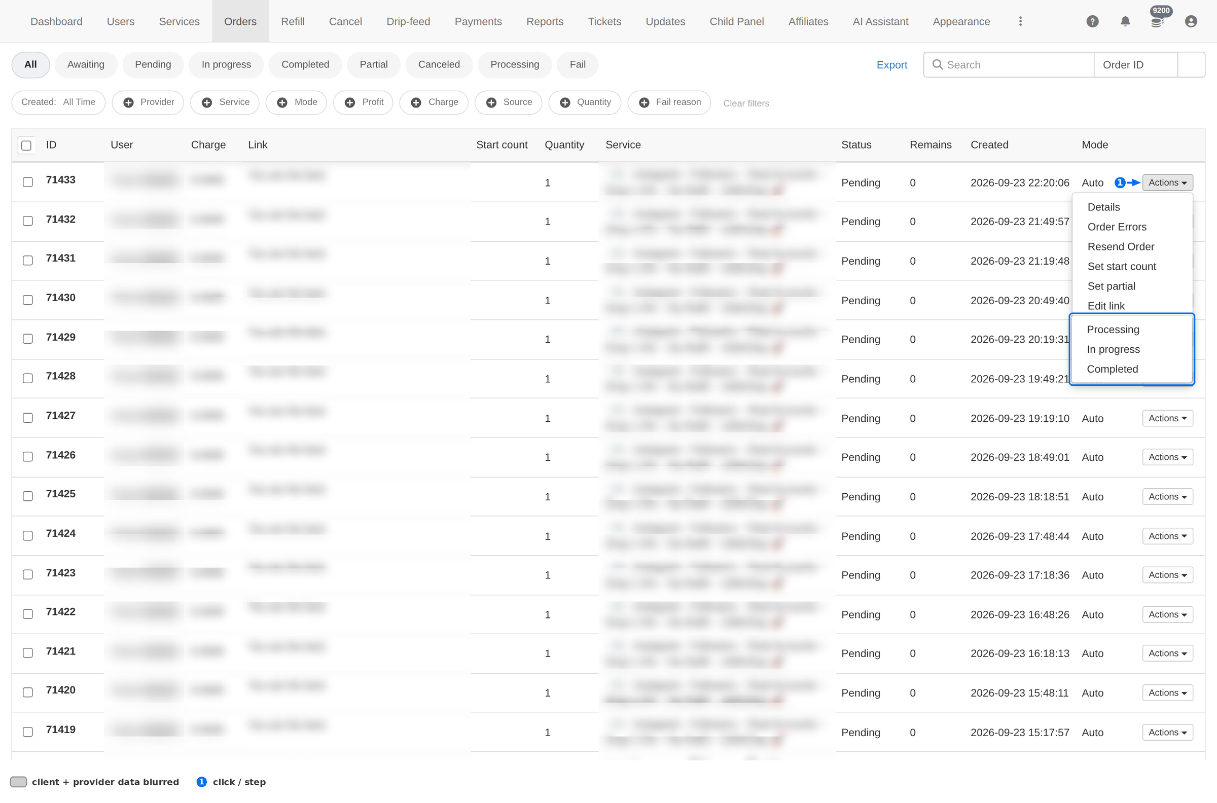 Actions menu on a pending order showing Processing, In progress and Completed