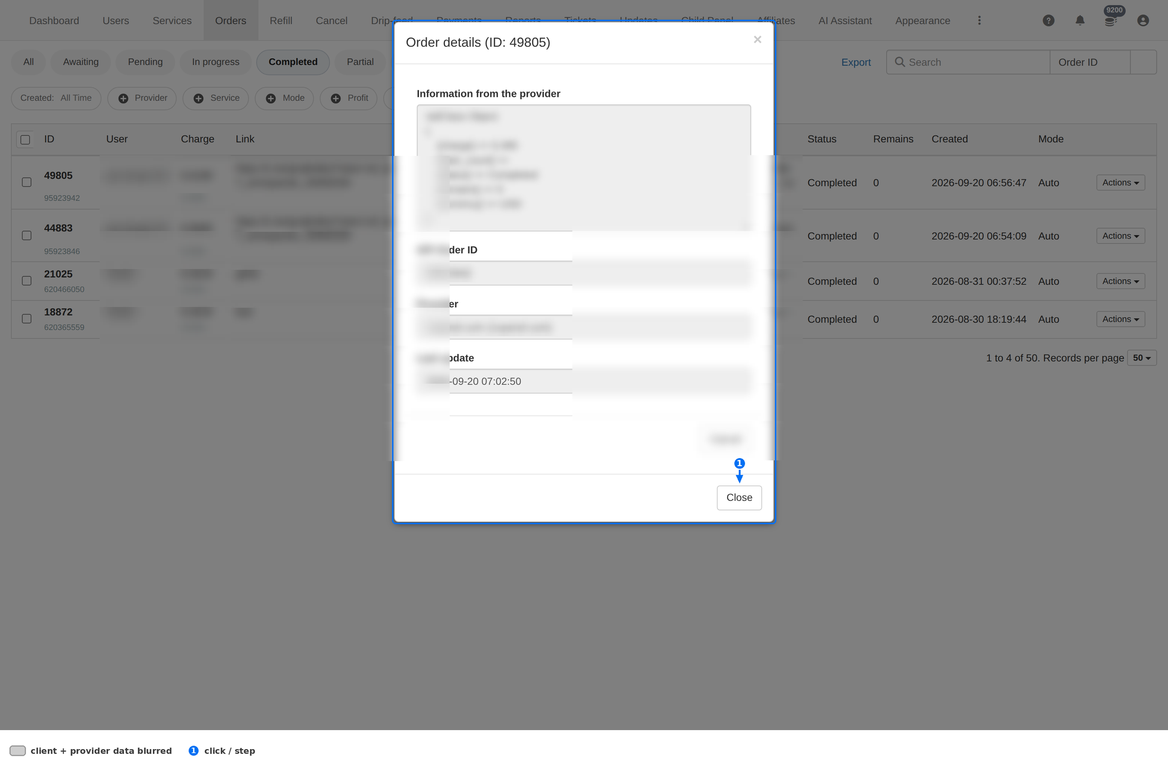 Order details dialog with the provider response, API order id, provider and last update — provider values blurred