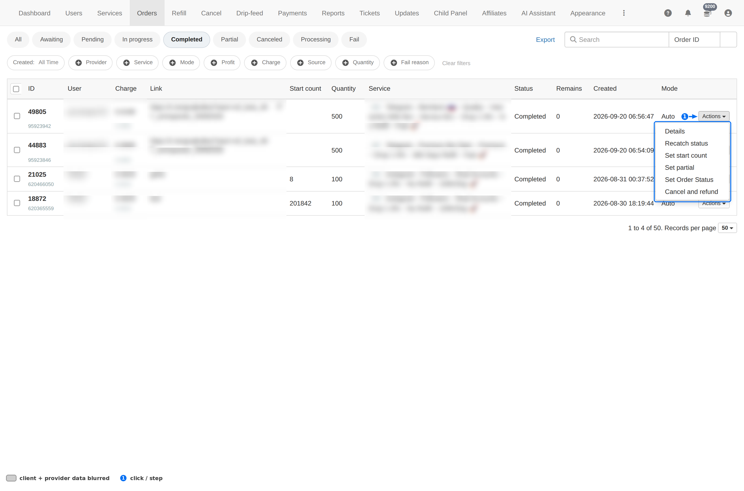 Actions menu on a completed order showing Details, Recatch status, Set start count, Set partial, Set Order Status and Cancel and refund