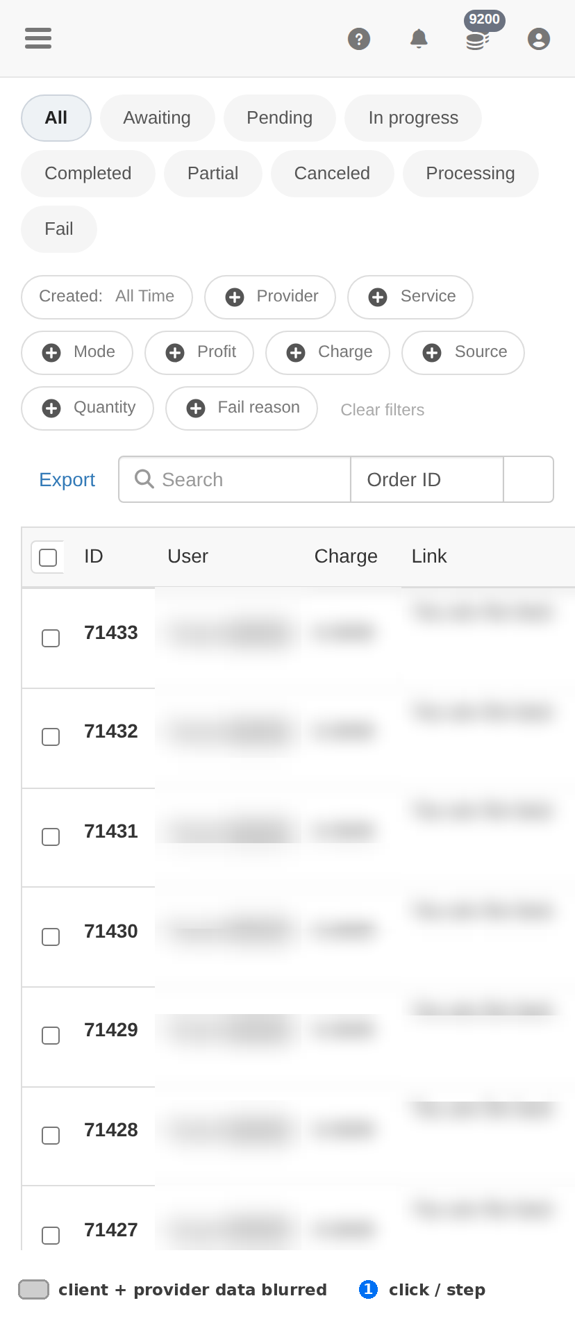 Orders page on a phone with the table scrolling horizontally