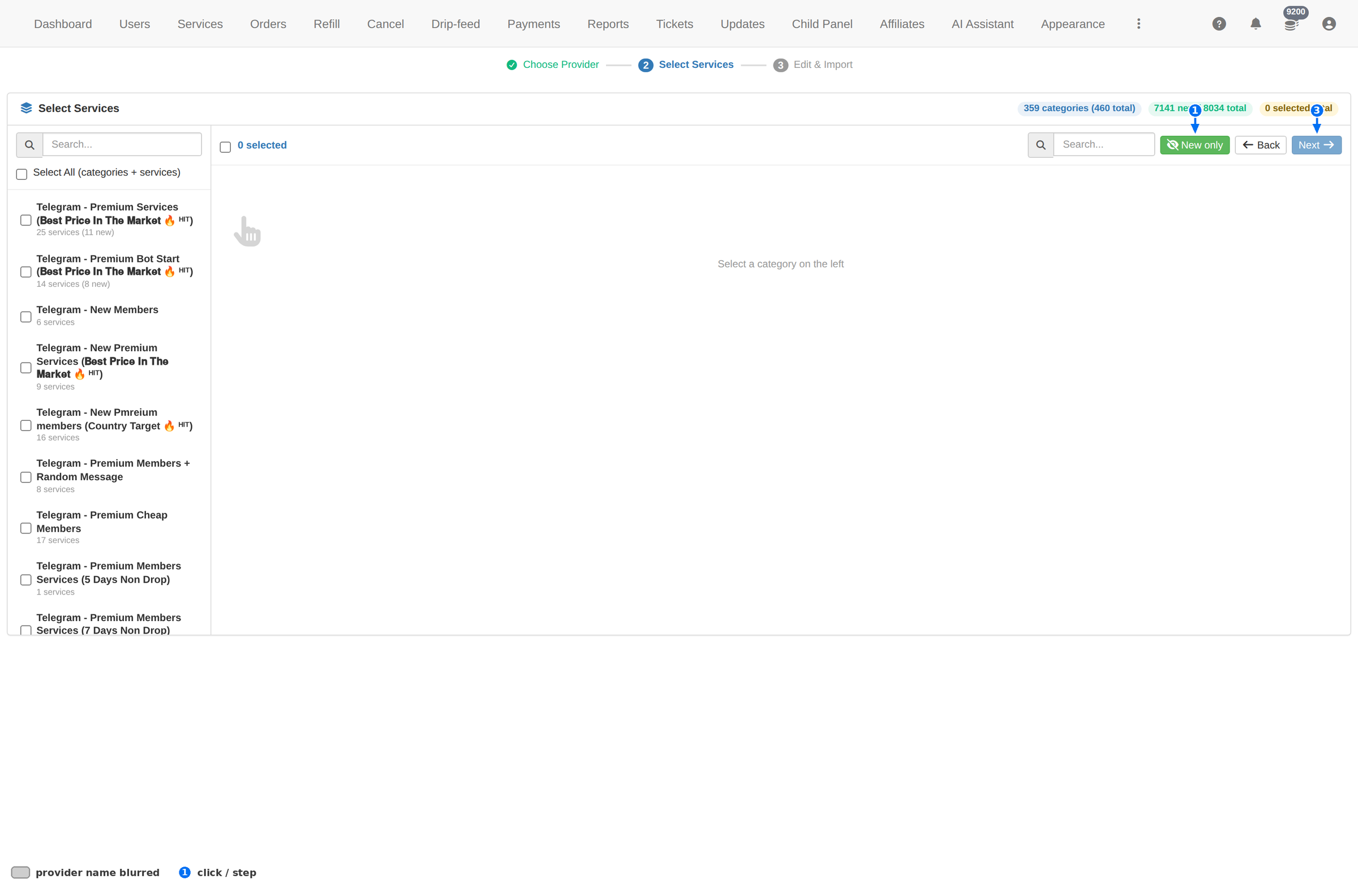 Import step 2: category tree with counts, New only filter, Select All and Next