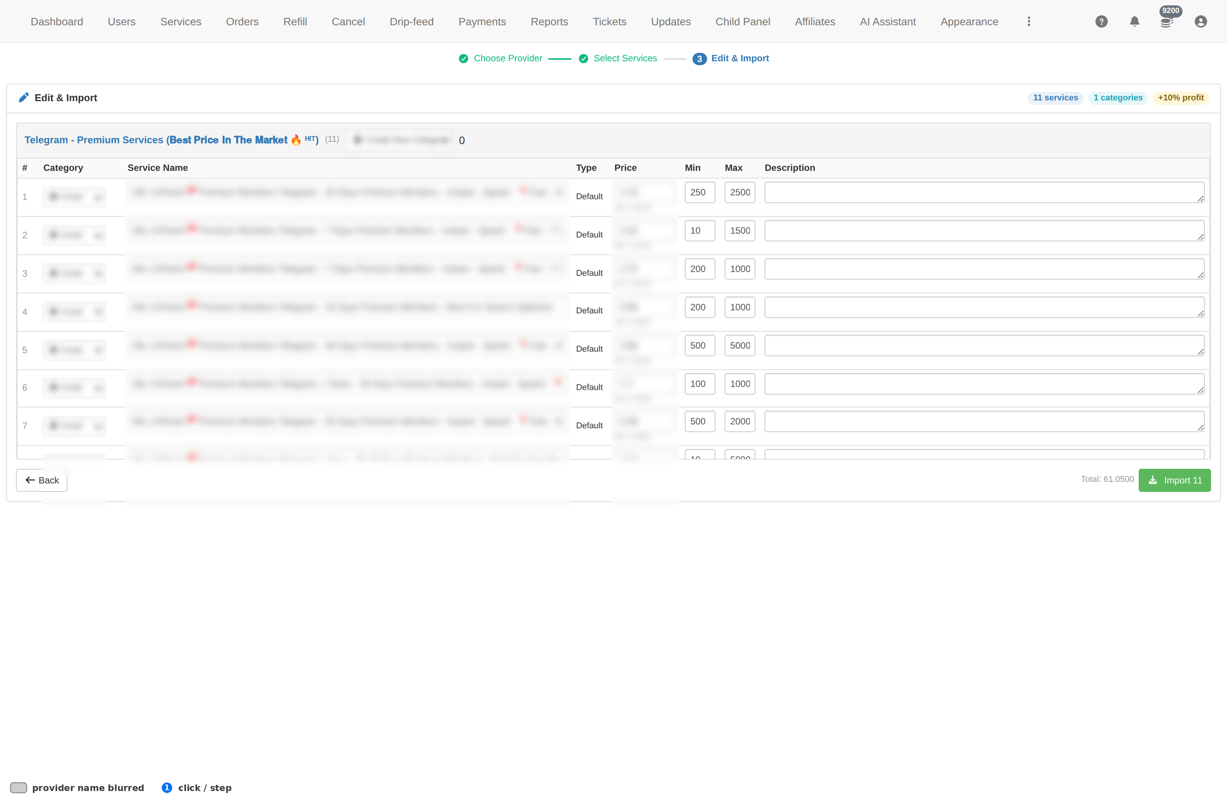 Import step 3: the edit and import table with price, min, max and description per service, plus the profit control and the total