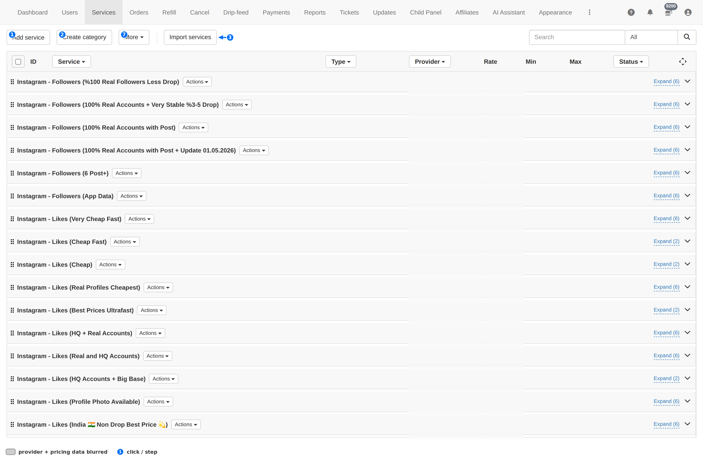 Services page annotated: Add service, Create category, Import services, Provider filter, Status filter, Type filter, More, row Actions