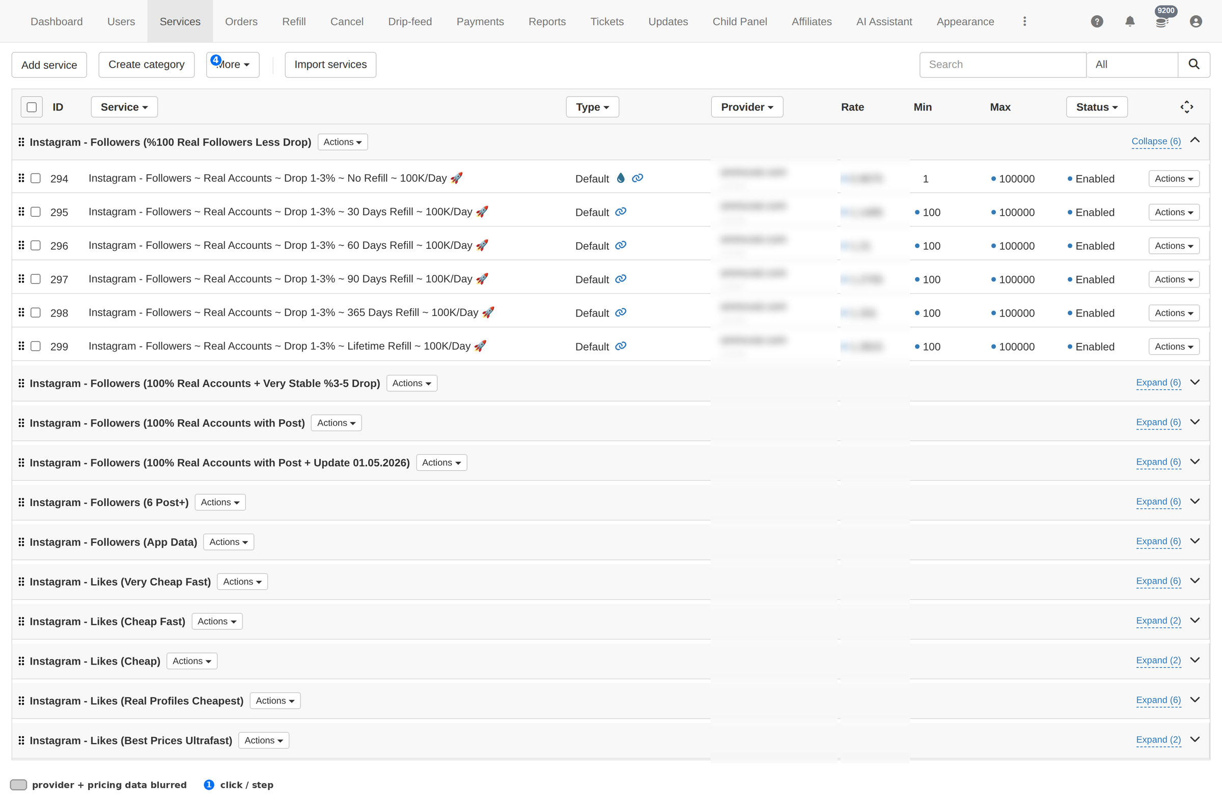 The Services header row with Provider, Status, Type and More filter buttons highlighted