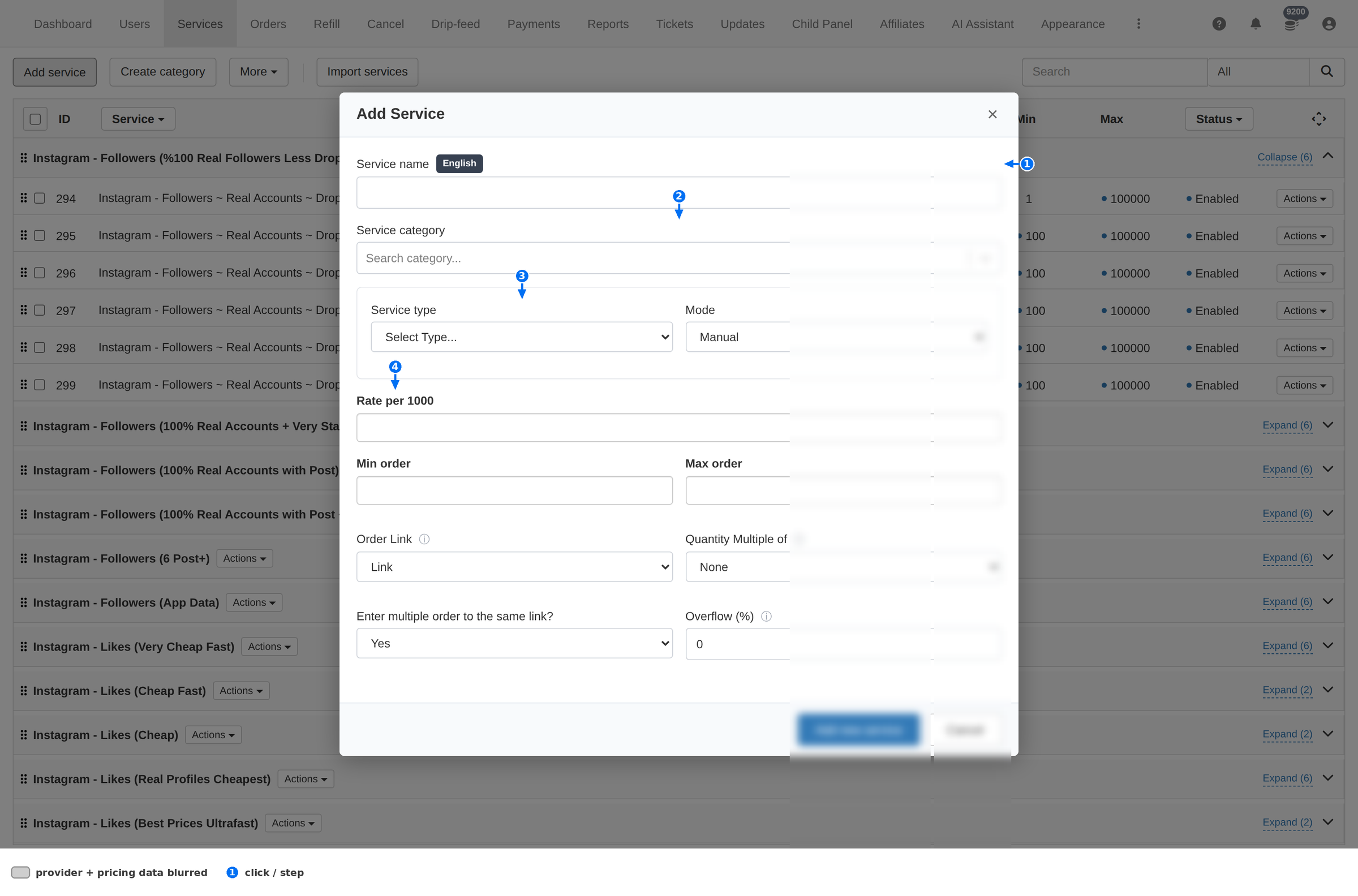The Add service form with Service name, Service category, Service type and Rate per 1000 highlighted